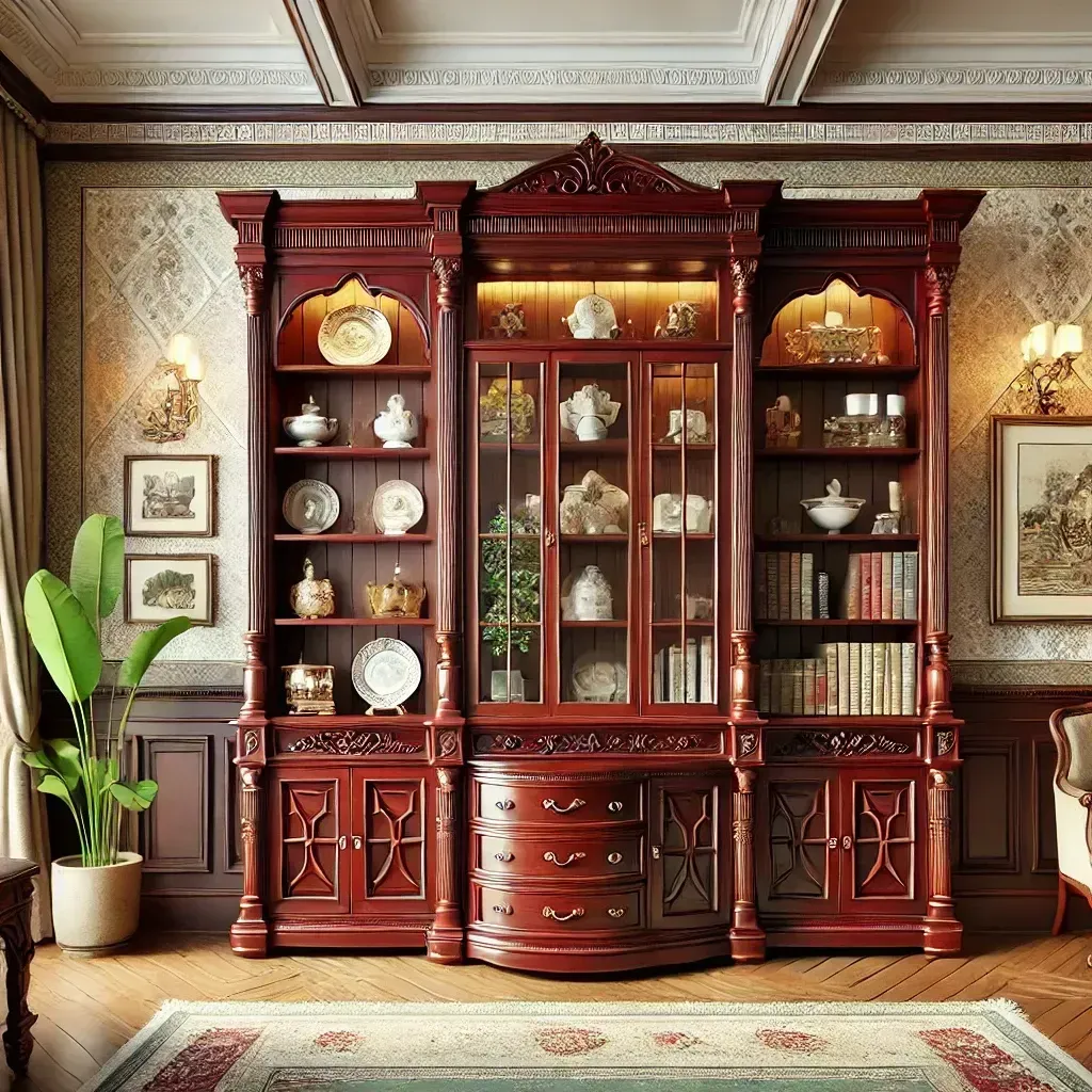 A living room with a large wooden bookcase filled with books and plates.