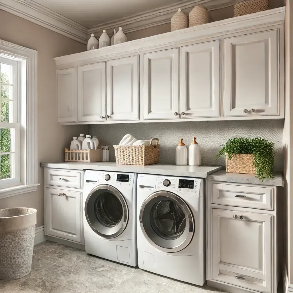 A laundry room with a washer and dryer and white cabinets.