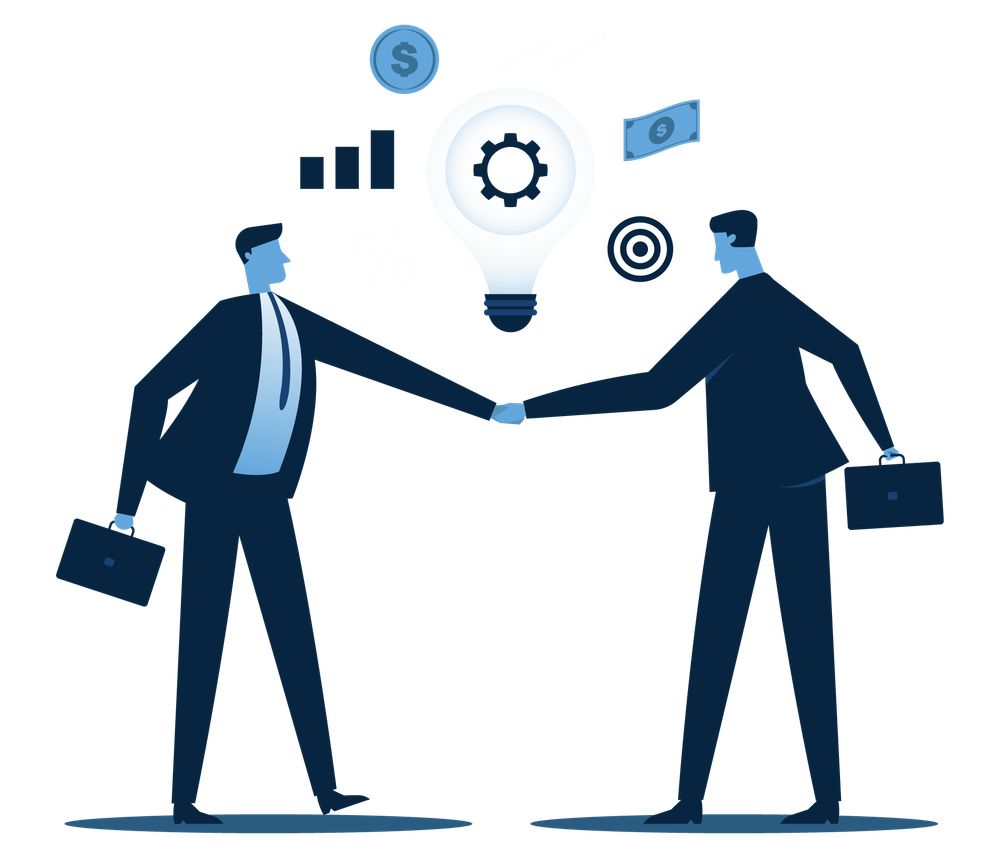 Two business people in suits shaking hands, money and ideas floating above them.