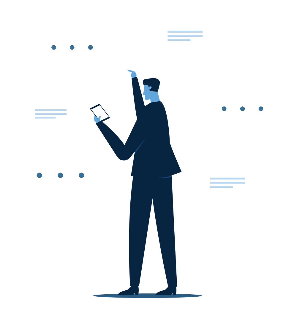 Man in suit holding tablet, reaching up, surrounded by dotted and dashed lines.