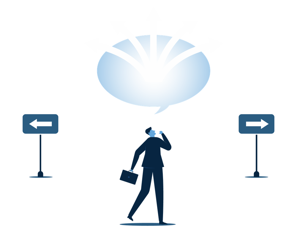 Man with briefcase pondering choices, standing between signs pointing left and right, thought bubble above.