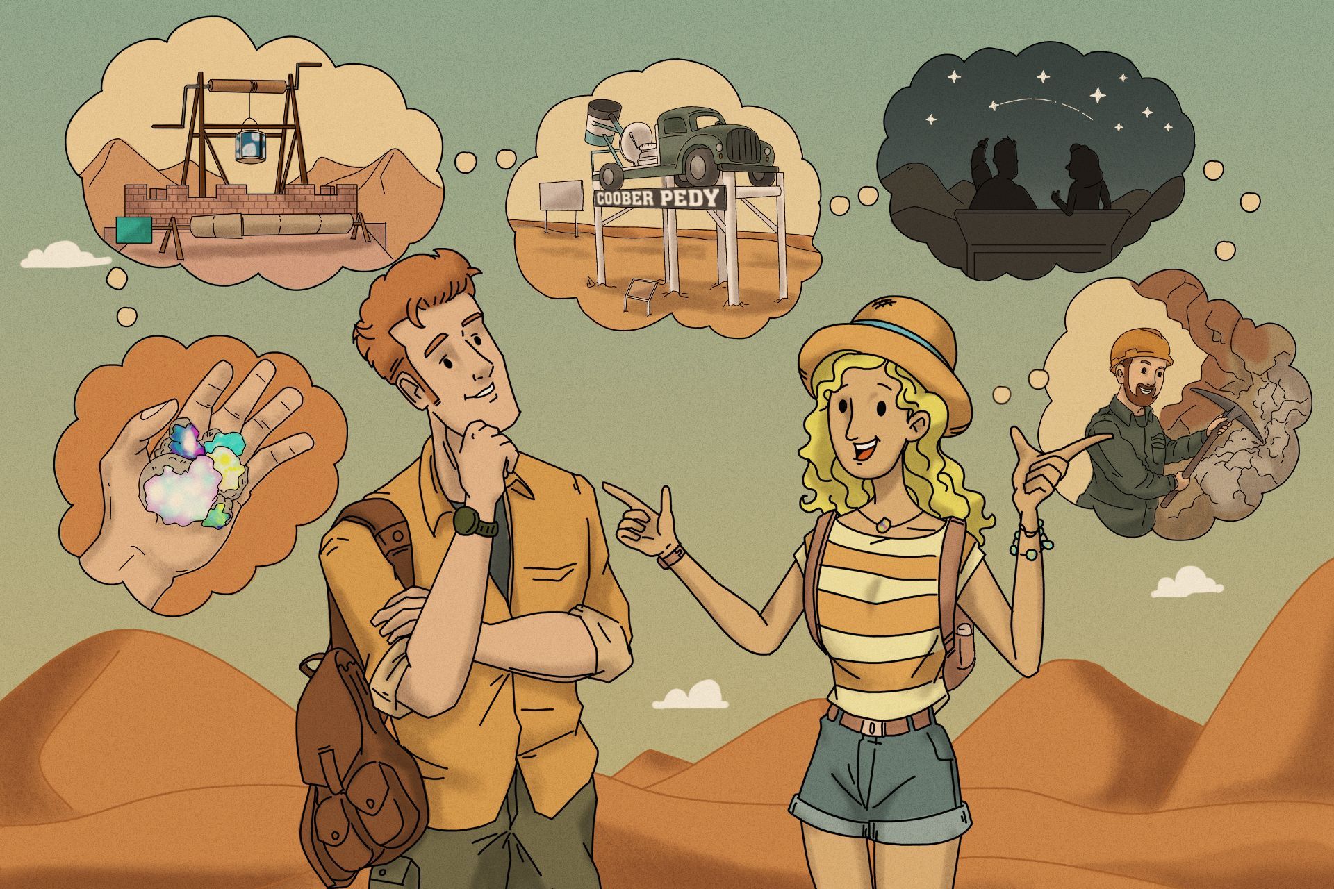 Young couple pondering things to do in Coober Pedy, with thought bubbles showing popular attractions