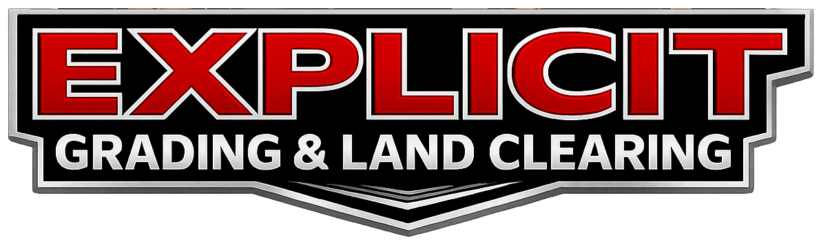 Logo reading “EXPLICIT” in red and white, with “Grading & Land Clearing” beneath on a black shield background
