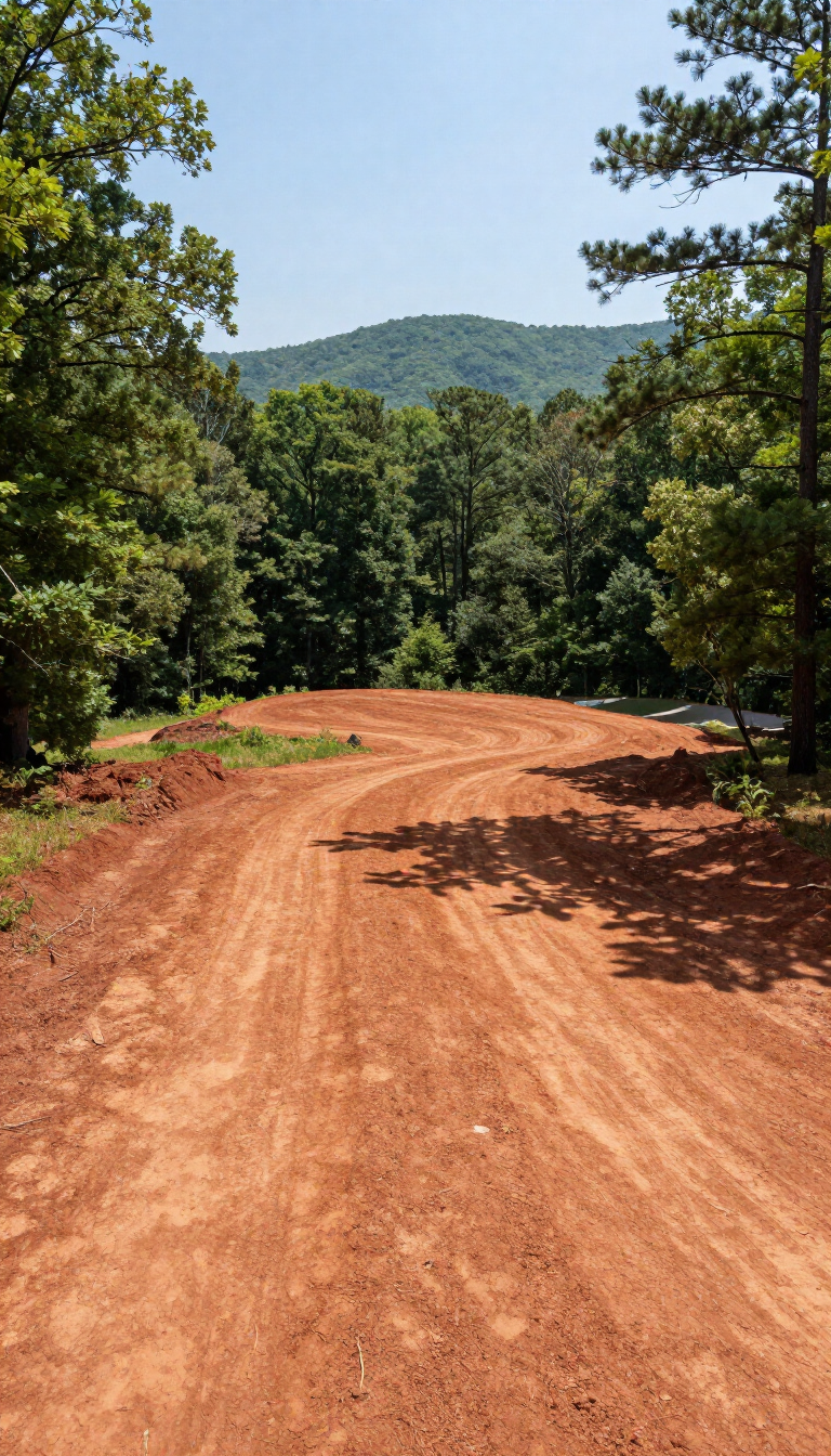 Red dirt road curving through dense green forest toward distant hills under a clear sky