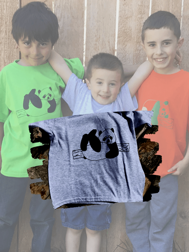 Custom gray t-shirt, three young boys holding a t-shirt with a panda on it