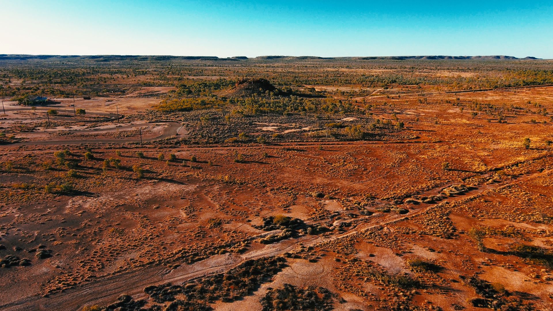 An aerial view of a desert landscape with trees and dirt.