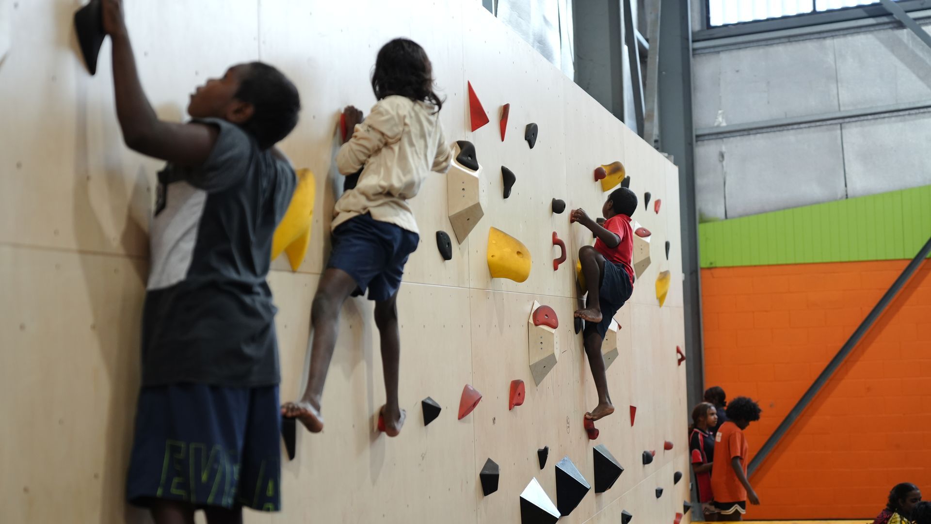 A group of children are climbing a climbing wall