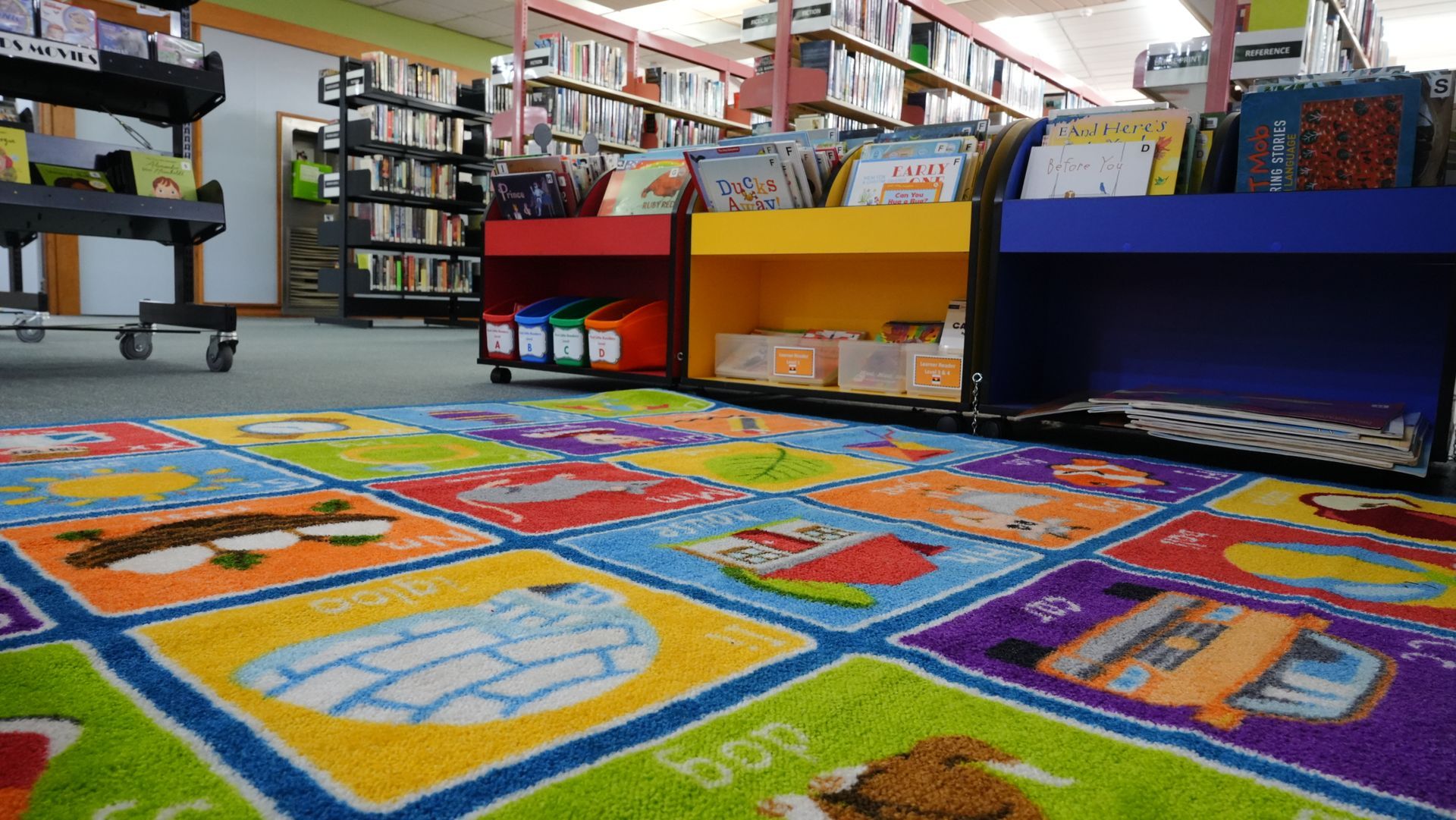 A colorful rug is on the floor in a library.