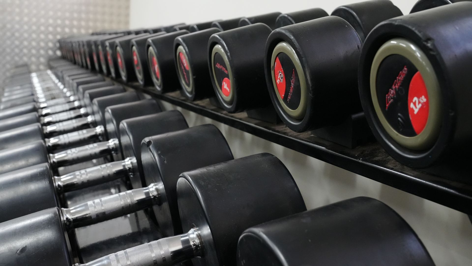 A row of dumbbells with the number 24 on them