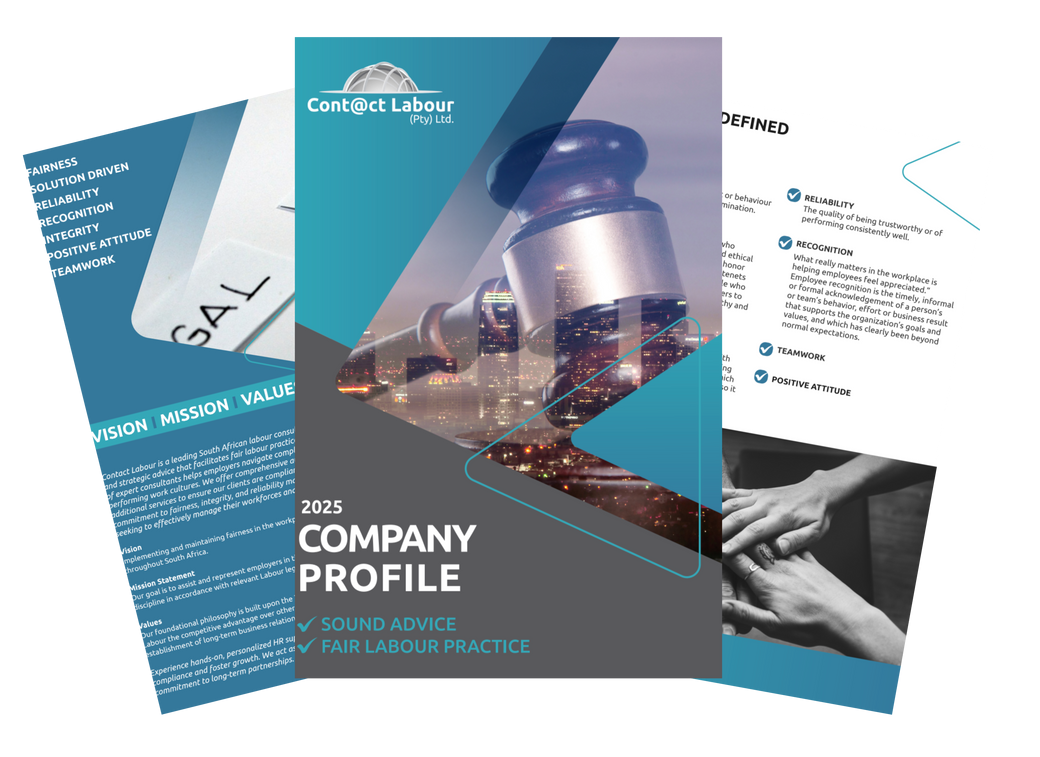 Three-page document set: Company profile with gavel graphic and hands, blue and teal design.