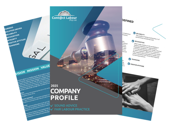 Three-page document set: Company profile with gavel graphic and hands, blue and teal design.