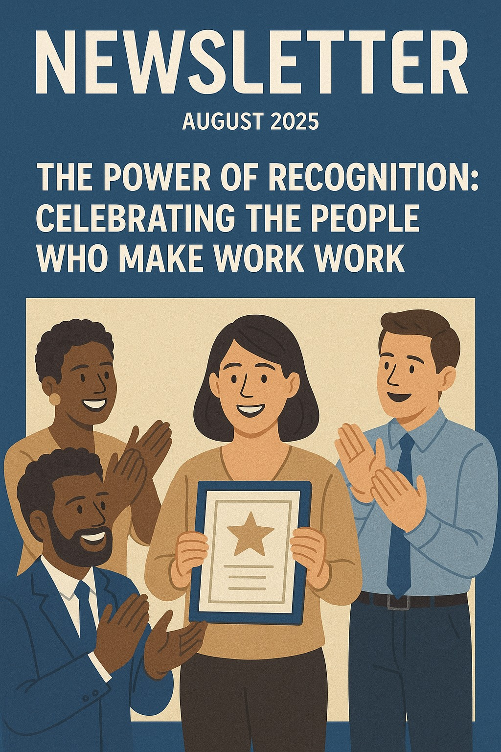 Newsletter cover: Group of people applauding a woman holding a certificate. Text: The Power of Recognition, August 2025.