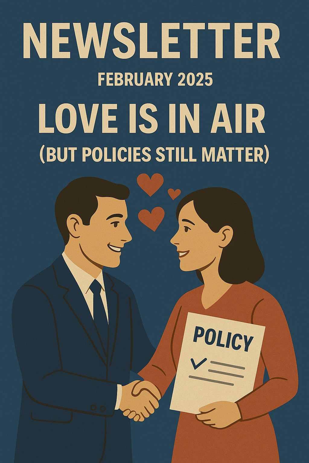 Newsletter cover. Man and woman shake hands; hearts float above. Text: