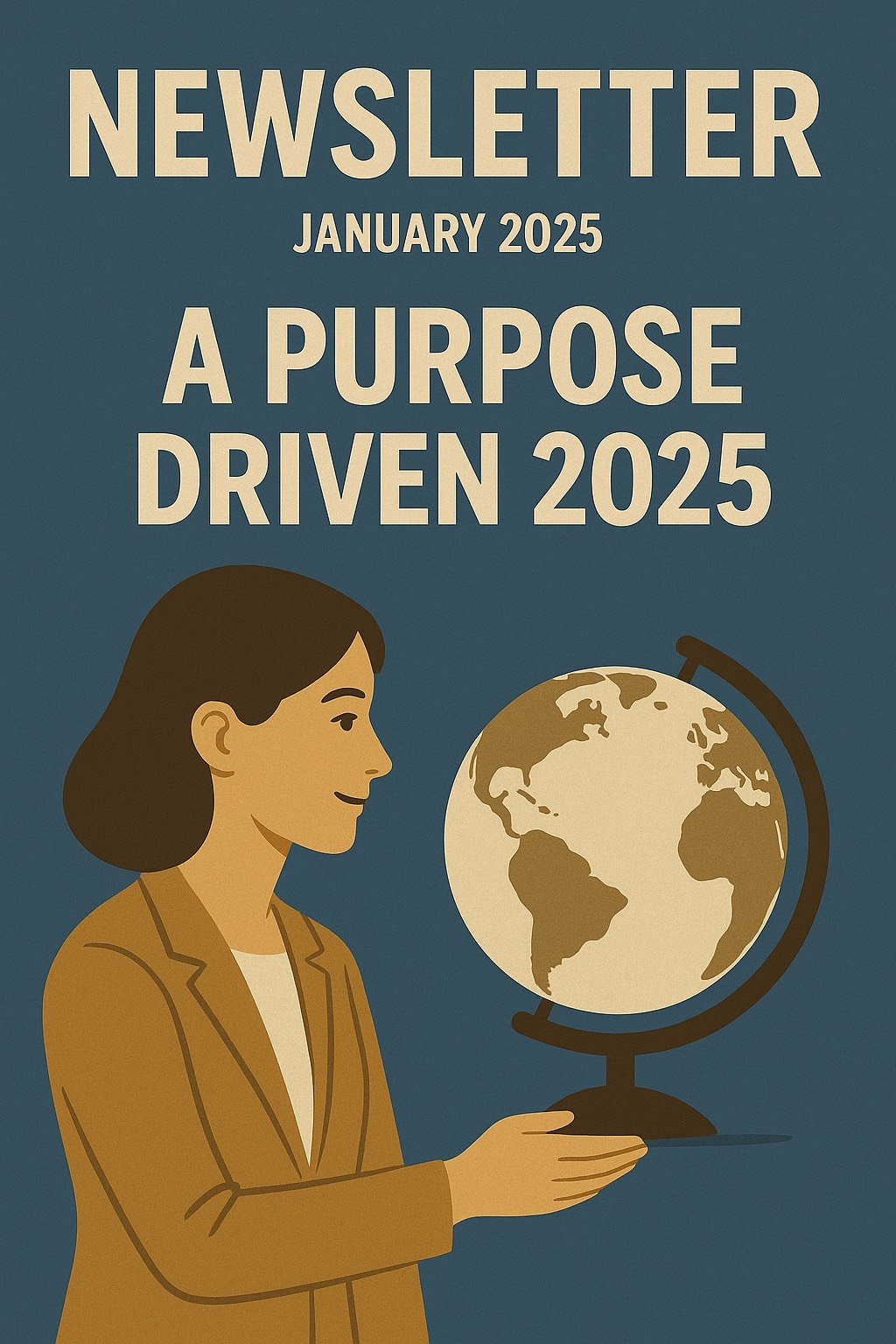 Newsletter cover: A woman holds a globe, title