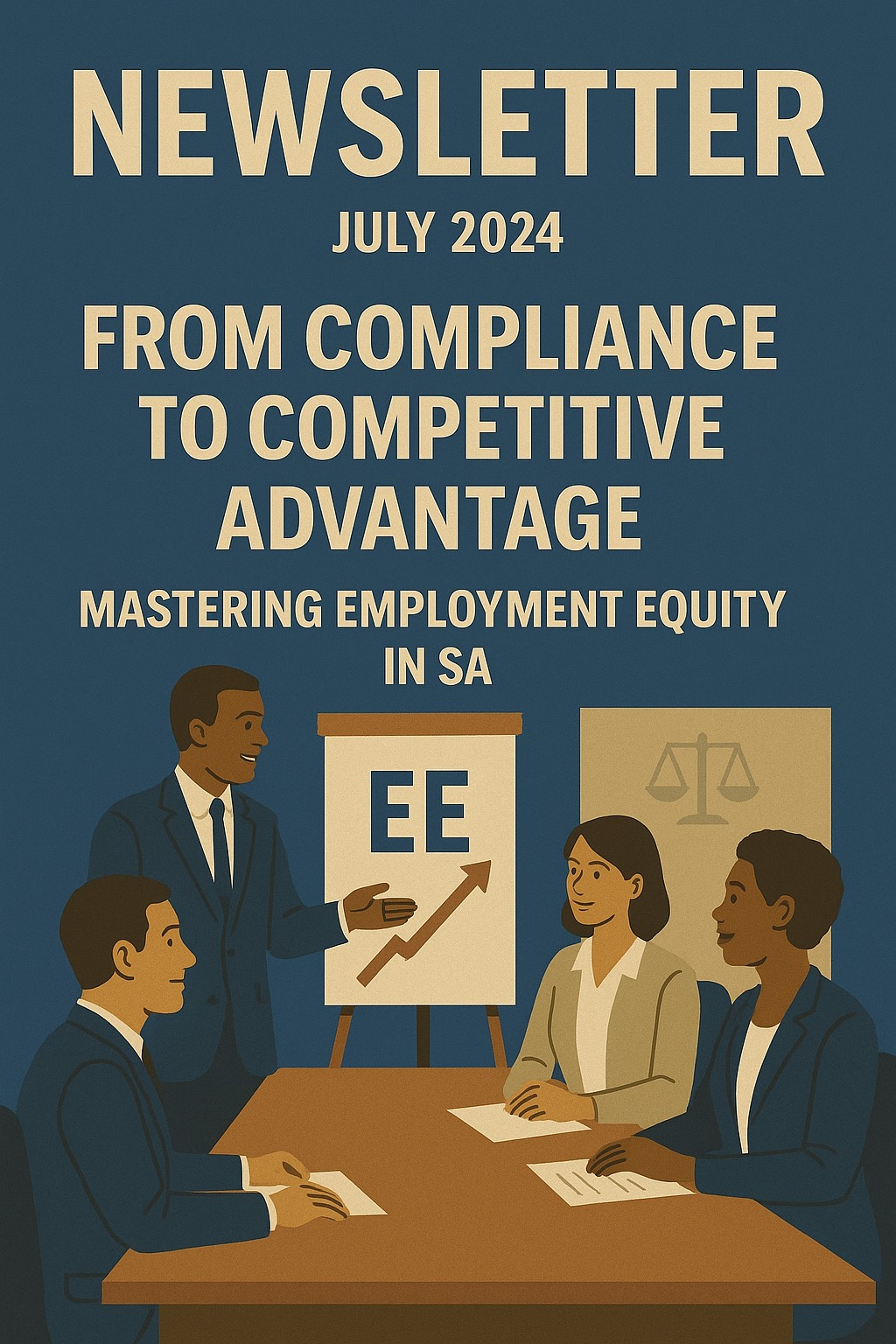 Newsletter cover: Men in suits at presentation on Employment Equity (EE) in SA.