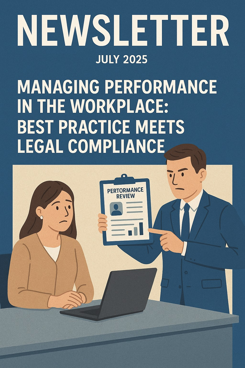 Newsletter cover: A manager points to a performance report, seemingly scolding a seated employee.