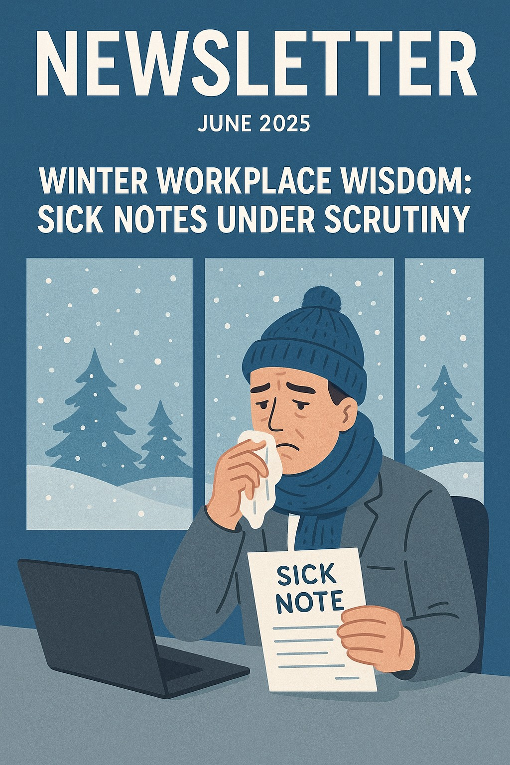 Newsletter cover: Man at desk, bundled in winter wear, holding a sick note and tissue, with snow falling outside a window.