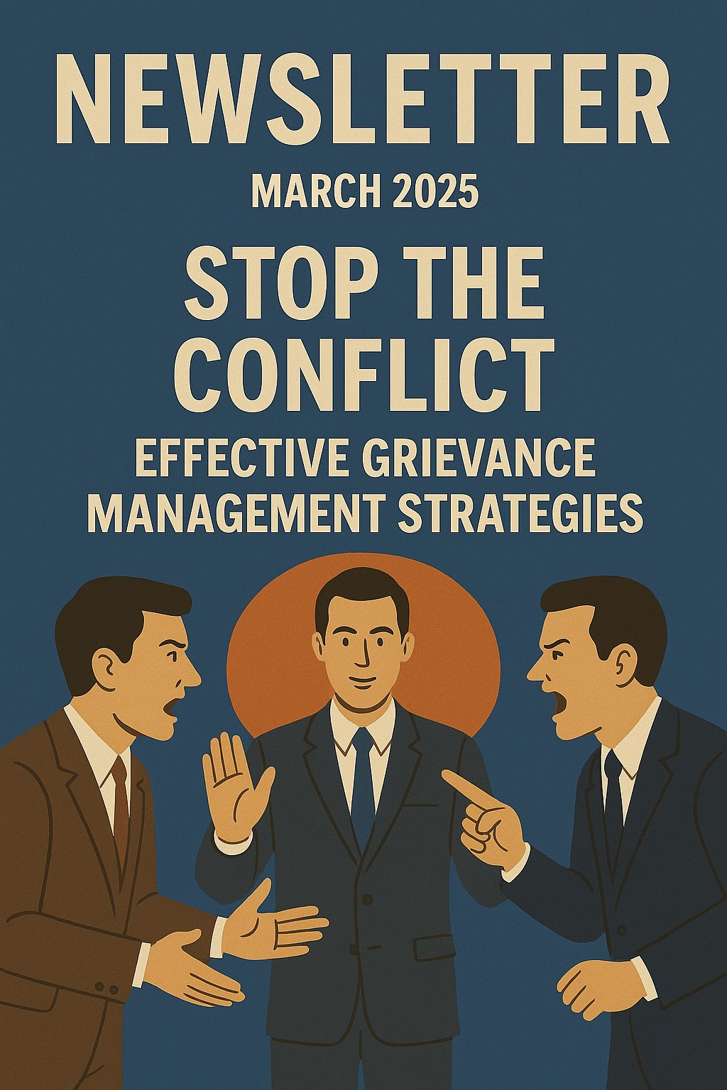 Newsletter cover: Two men argue, one tries to mediate. Headline: