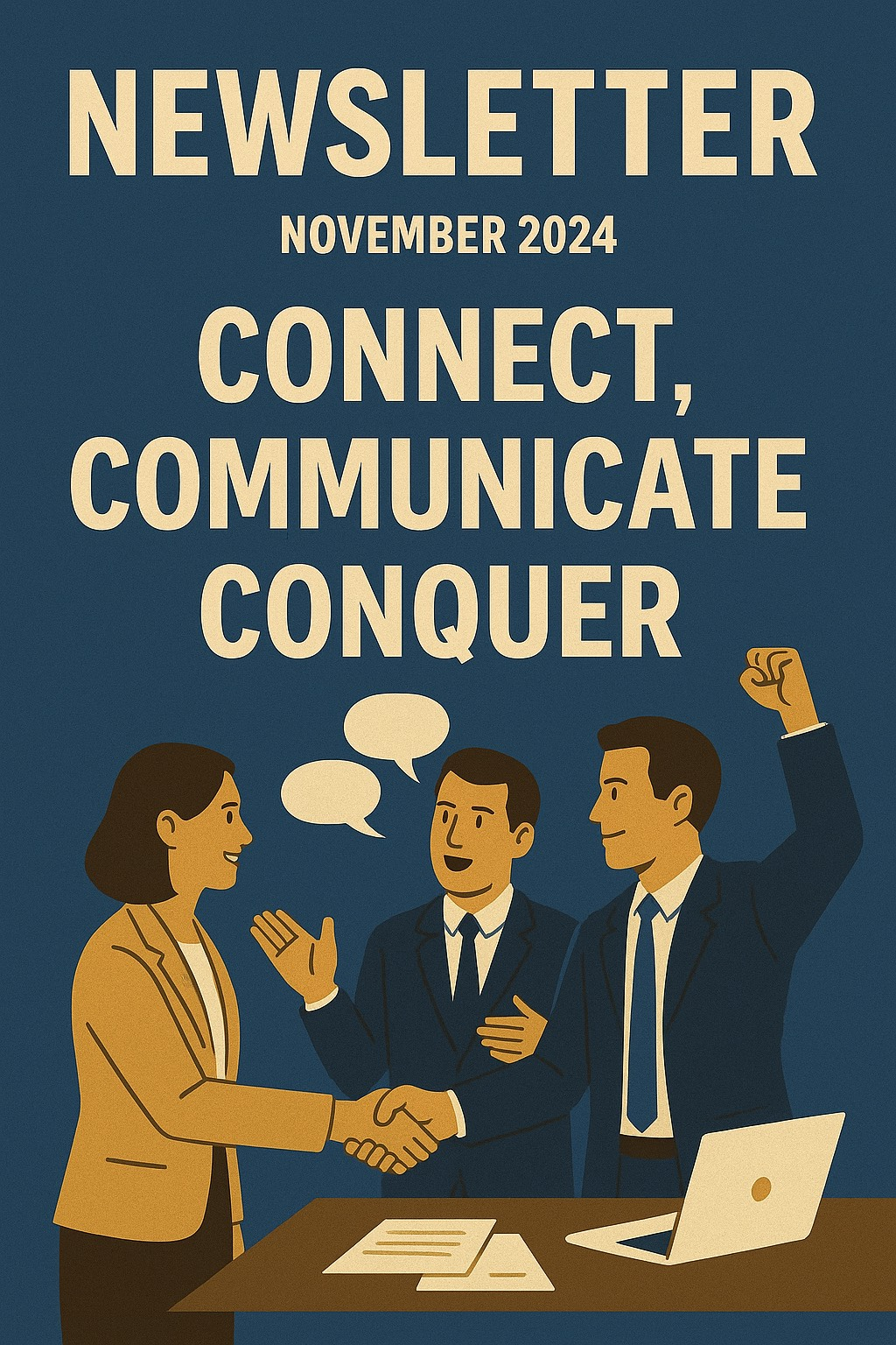 Newsletter cover: Professionals shaking hands, discussing. Blue background with text