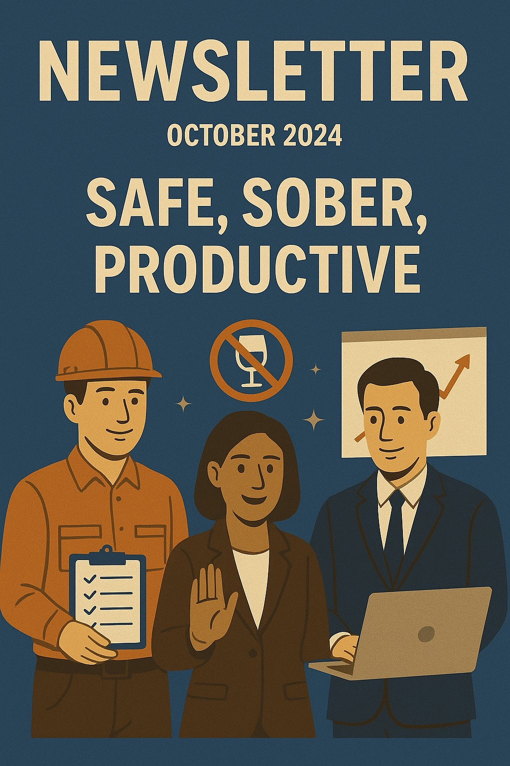 Newsletter cover: people working safely. Safe, sober, productive theme. Figures are diverse. No alcohol symbol prominent.