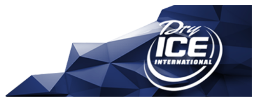 Logo with the words "Dry Ice International" on a blue geometric shape.