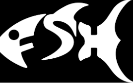 White "FISH" logo, letters integrated into a fish-shaped design on a black background.