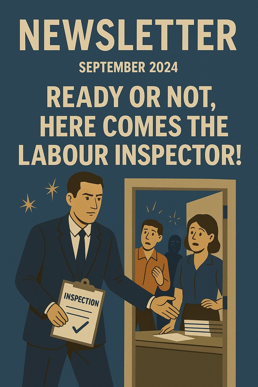 Newsletter, a labour inspector greets office workers. Dark blue background, September 2024.