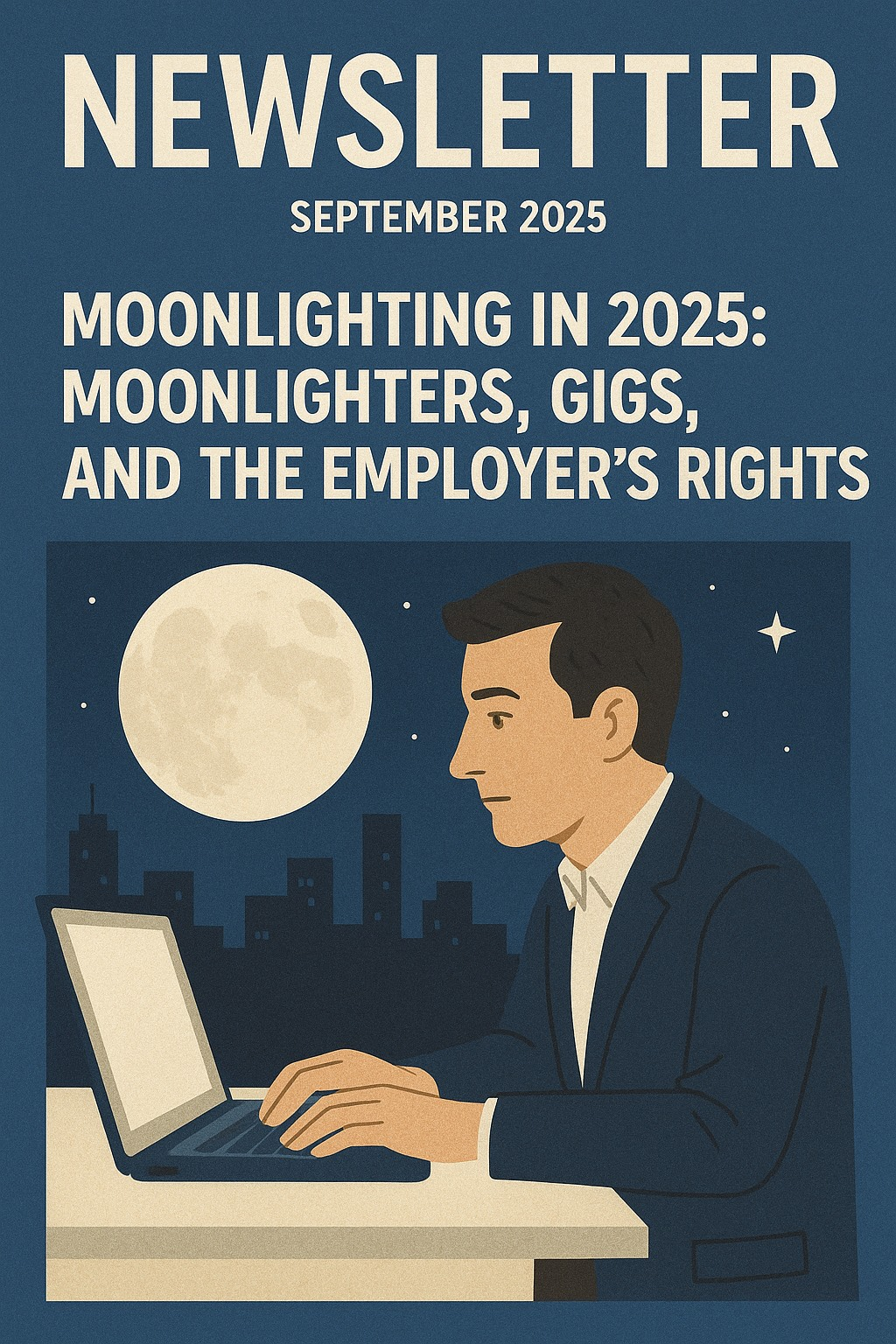 Newsletter cover. Man working on laptop at night with a full moon. Headline: Moonlighting in 2025.