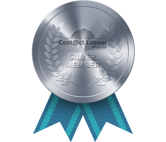 Silver member badge for Cont@ct Labour, featuring a silver medal with a blue ribbon.
