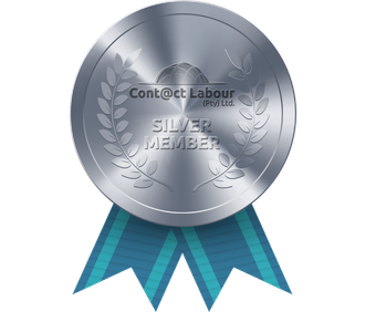 Silver member badge for Cont@ct Labour, featuring a silver medal with a blue ribbon.