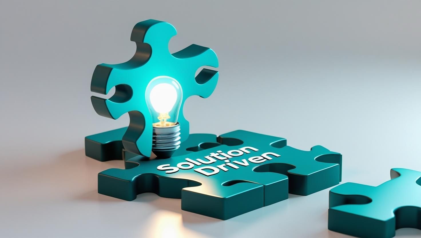 Blue puzzle pieces with a glowing lightbulb representing a "Solution Driven" concept.