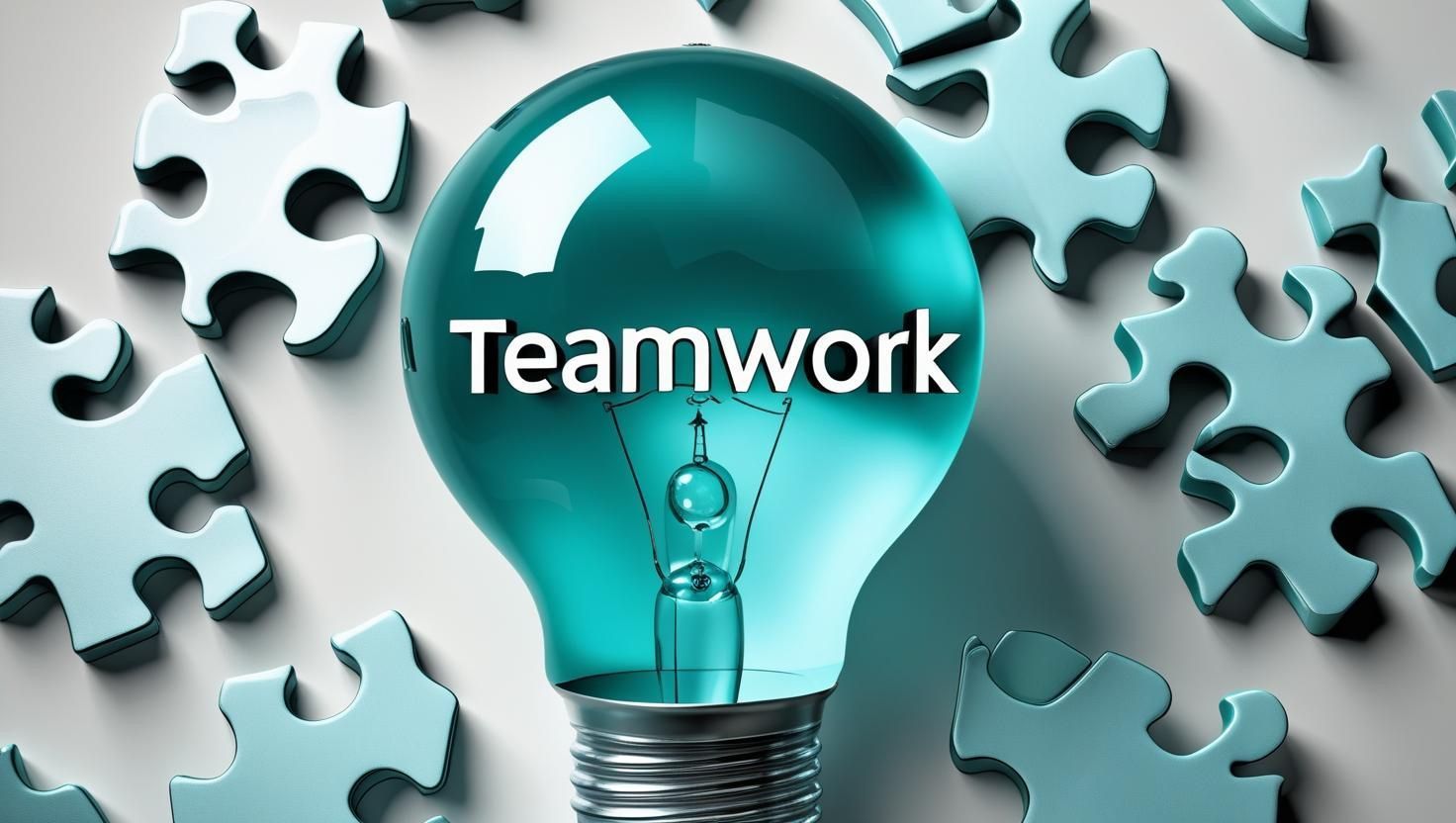 A lightbulb with "Teamwork" inside, surrounded by puzzle pieces, all teal.