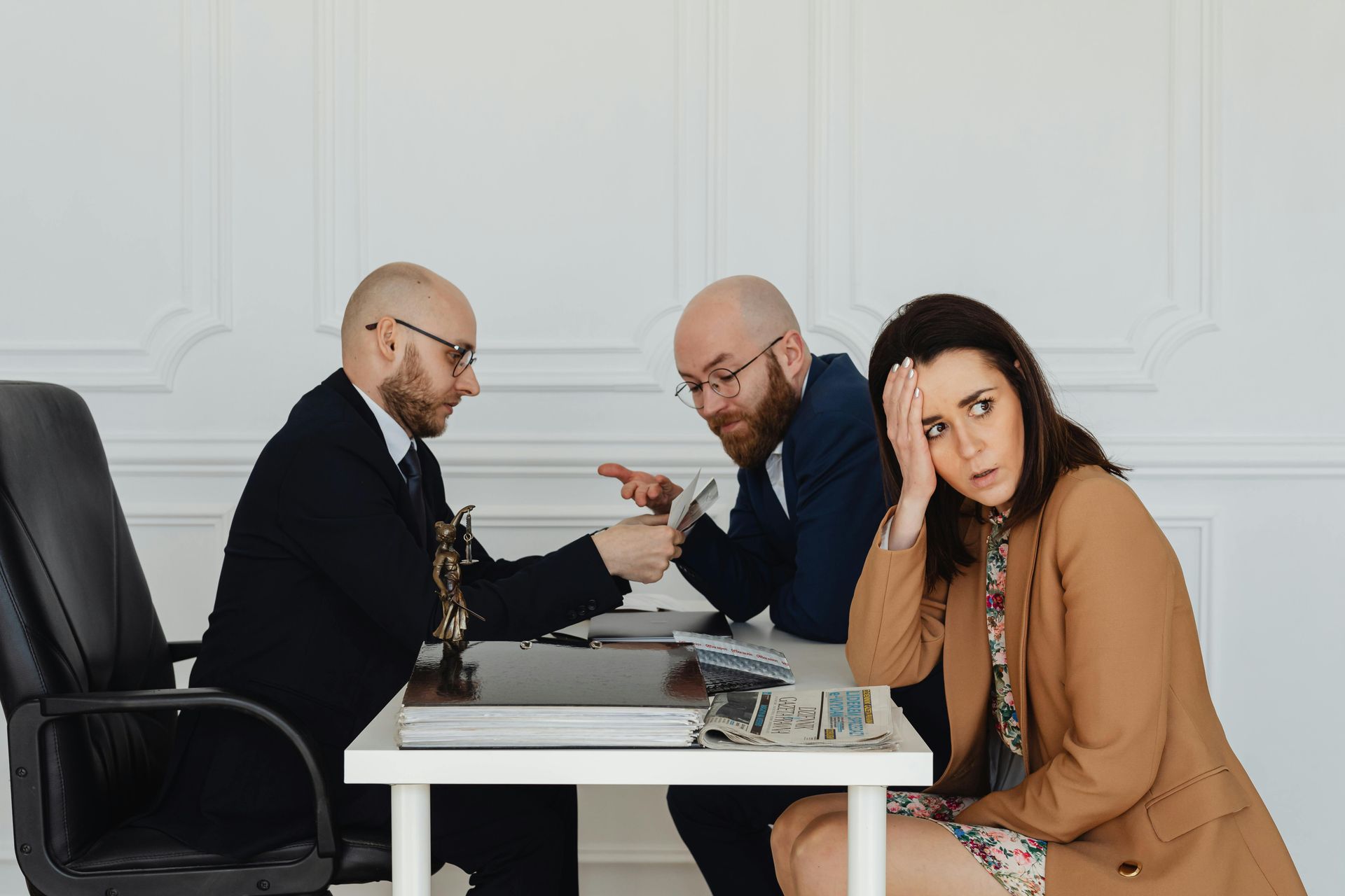 Three people at a table, discussing documents labeled 