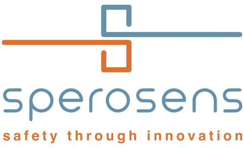 Logo: Sperosens. Abstract plus sign shape in blue and orange above text "sperosens." Tagline "safety through innovation."