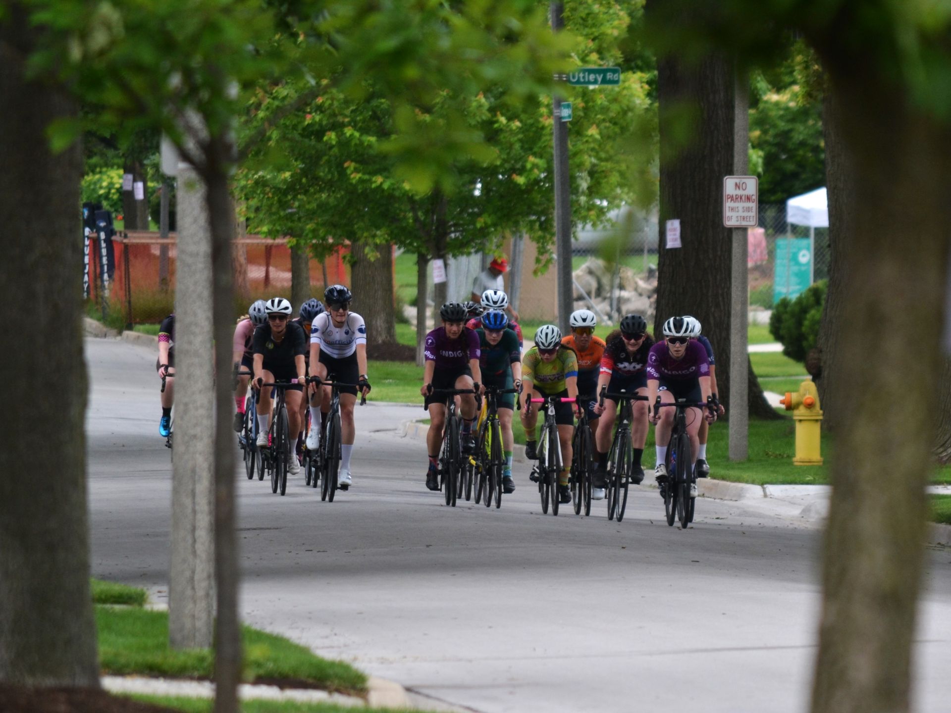 A group of people are riding bicycles down a street.