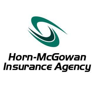A logo for horn-mcgowan insurance agency with a green swirl on a white background.