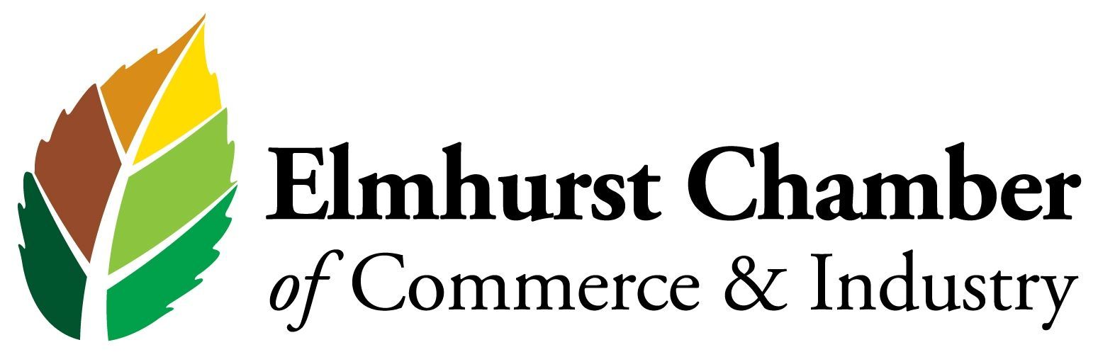 The elmhurst chamber of commerce and industry logo has a leaf on it.