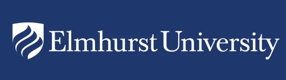 The elmhurst university logo is on a blue background