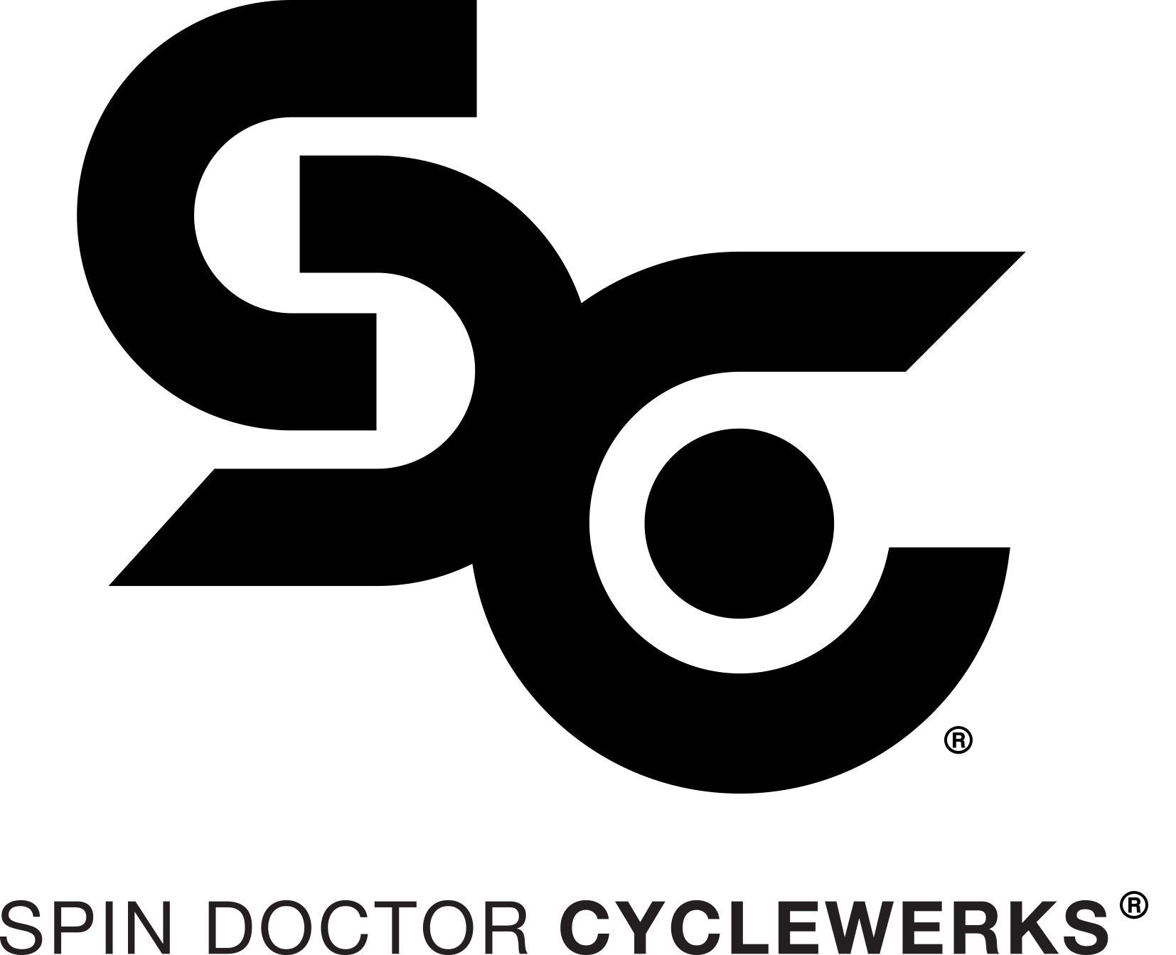 A black and white logo for spin doctor cycleworks.