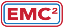 A red , white and blue logo for emc2