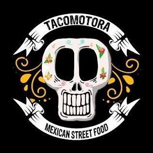 The logo for tacomotora mexican street food is a skull with flowers on it.