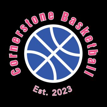 Cornerstone Basketball logo with pink text around a blue basketball and “Est. 2023” below