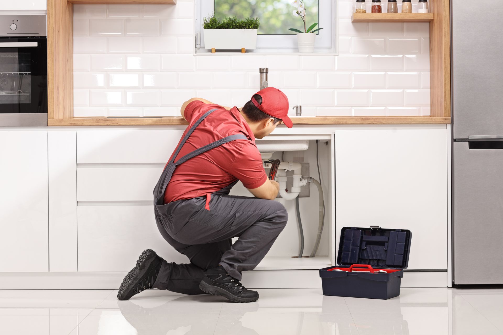 Plumber kneeling and fixing a pipe under the sink