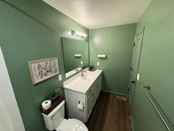 A bathroom with green walls , a toilet , a sink and a mirror.
