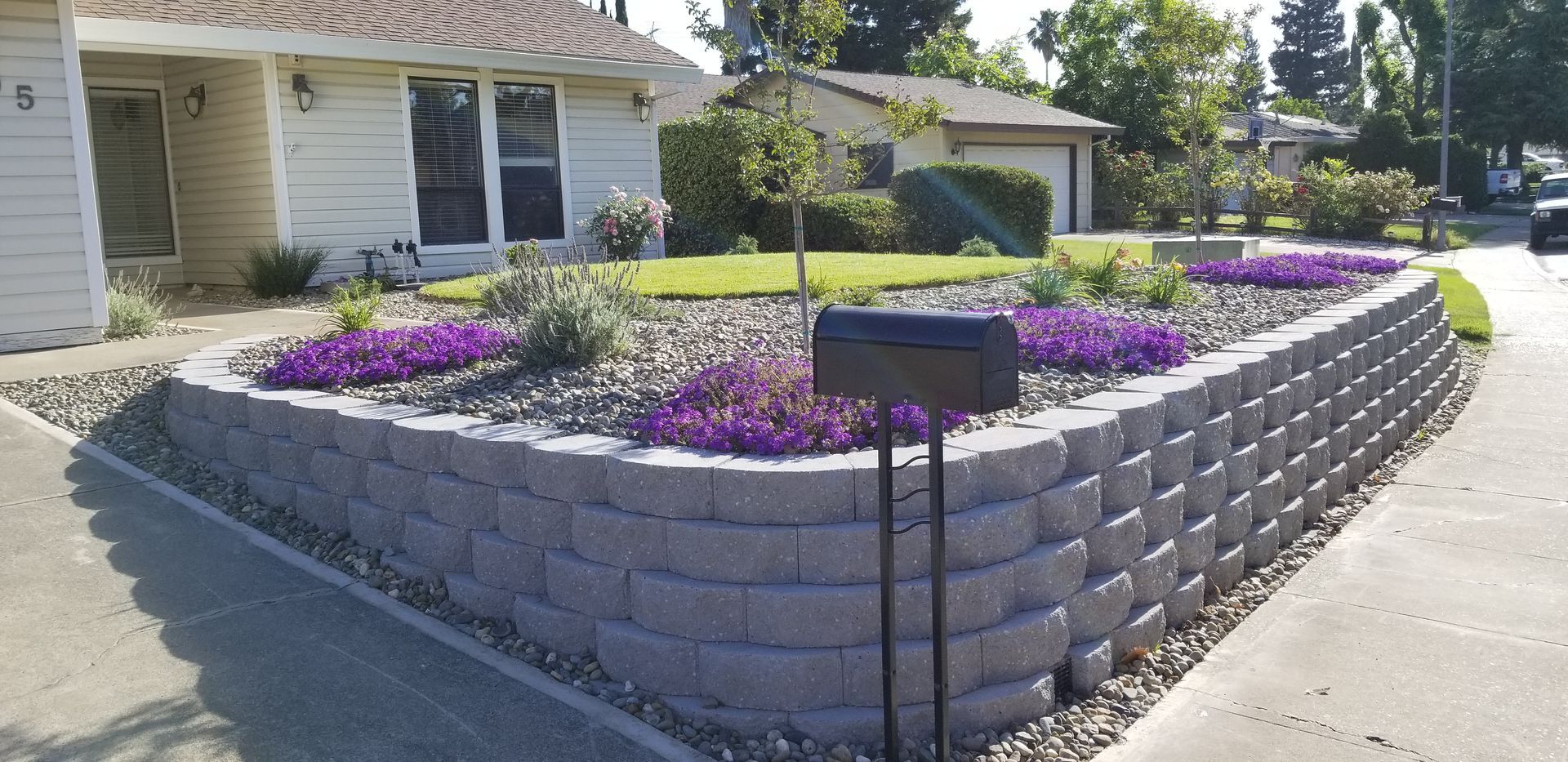 A brick wall with purple flowers in front of a house