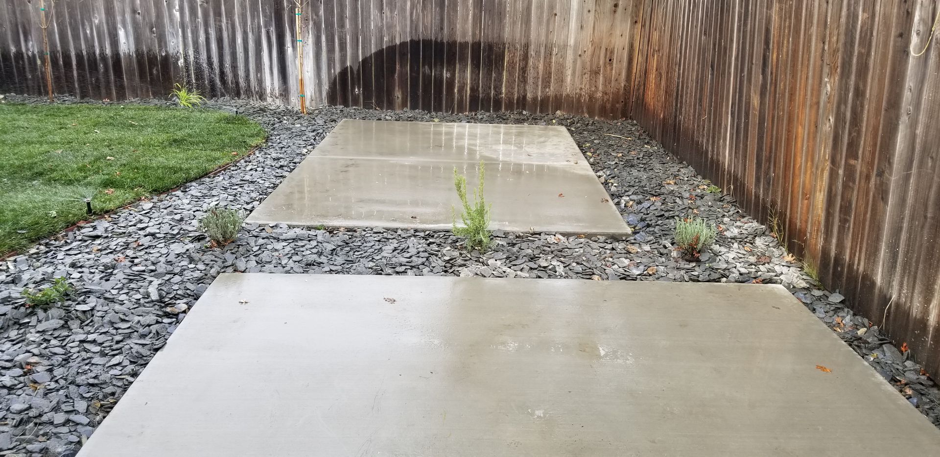 A concrete walkway in a backyard next to a wooden fence.