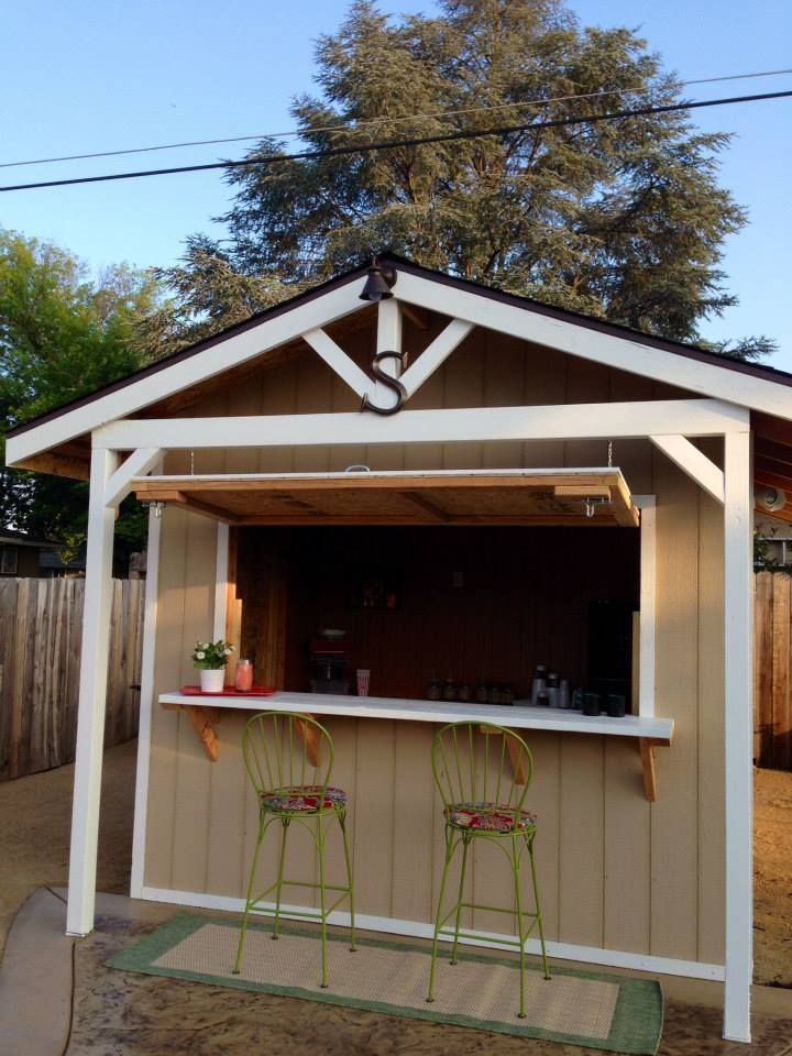 A shed with a bar and stools inside of it