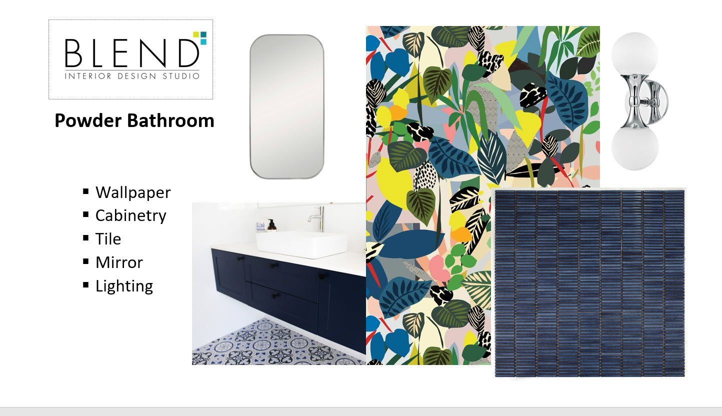 A powder bathroom with a sink , mirror , wallpaper , cabinetry , tile , and lighting.