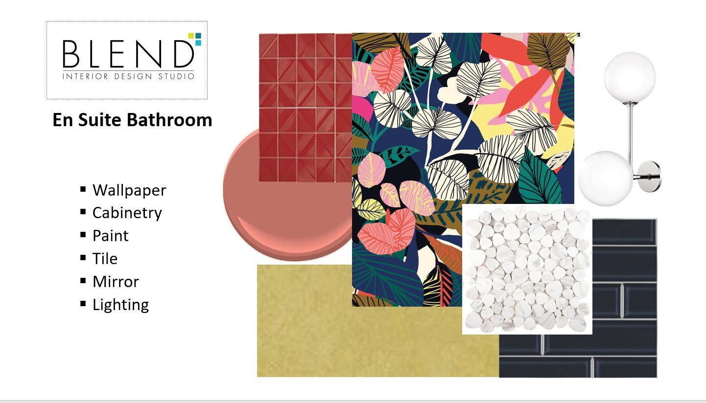 A collage of images for a bathroom with the words blend on the bottom