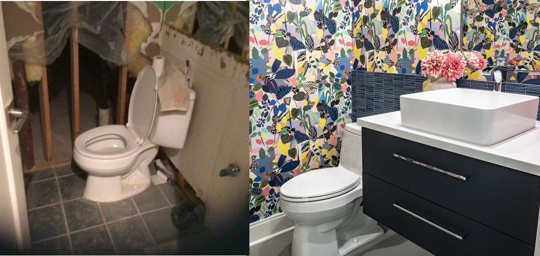 A before and after picture of a bathroom with a toilet and sink.